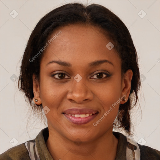 Joyful latino young-adult female with medium  brown hair and brown eyes