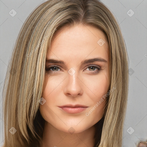 Neutral white young-adult female with long  brown hair and brown eyes