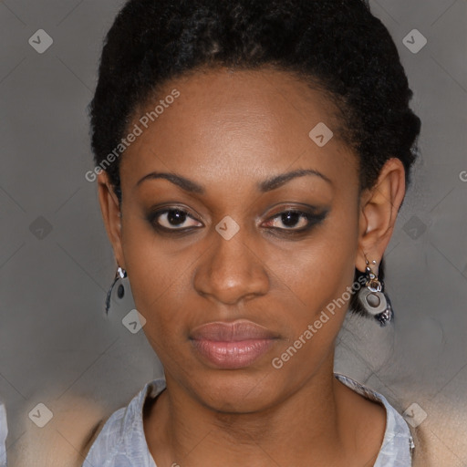 Neutral black young-adult female with short  black hair and brown eyes