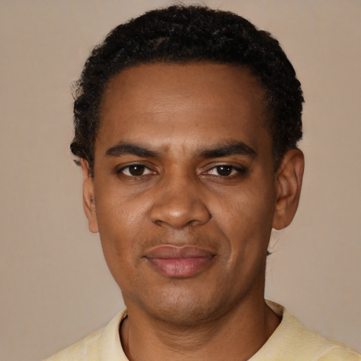 Joyful black young-adult male with short  black hair and brown eyes