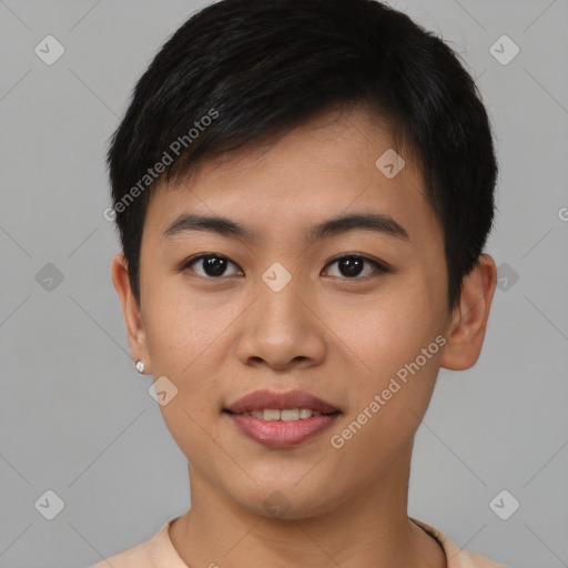 Joyful asian young-adult male with short  brown hair and brown eyes