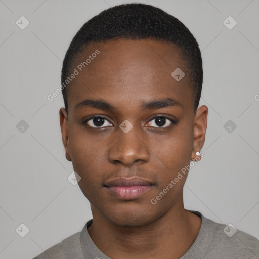 Neutral black young-adult male with short  black hair and brown eyes