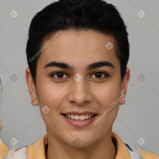 Joyful latino young-adult female with short  brown hair and brown eyes