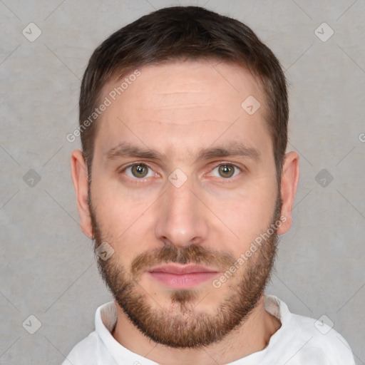 Neutral white young-adult male with short  brown hair and brown eyes