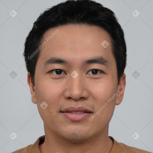 Neutral asian young-adult male with short  black hair and brown eyes