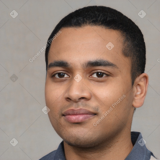 Neutral latino young-adult male with short  black hair and brown eyes