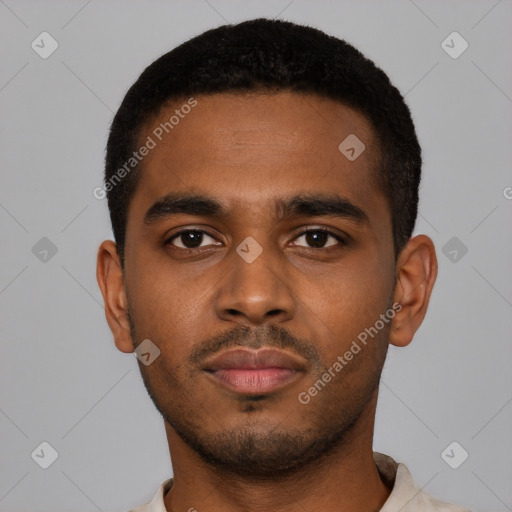 Neutral black young-adult male with short  black hair and brown eyes