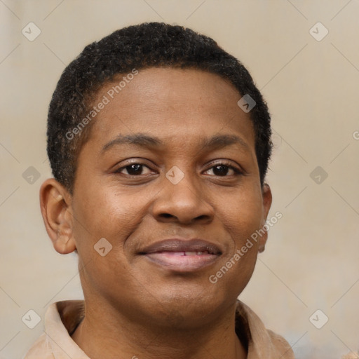 Joyful latino young-adult male with short  brown hair and brown eyes