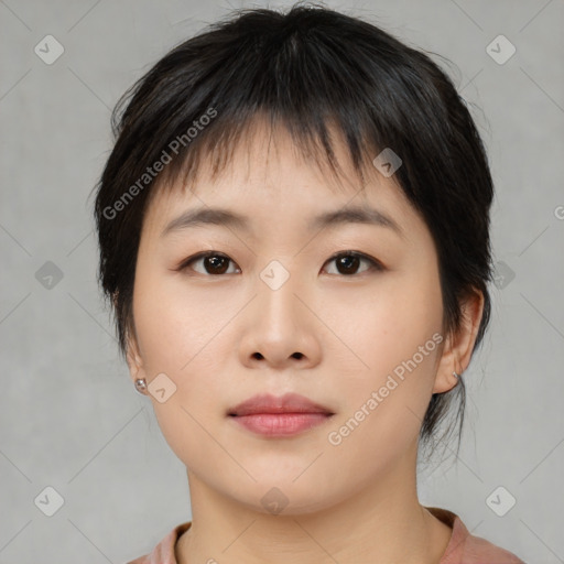 Neutral asian young-adult female with medium  brown hair and brown eyes