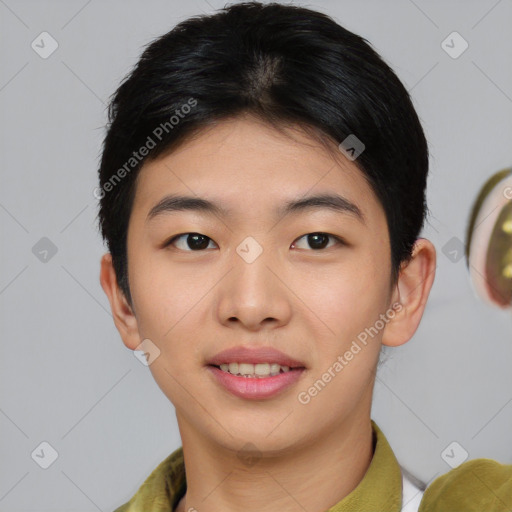 Joyful asian young-adult female with short  brown hair and brown eyes