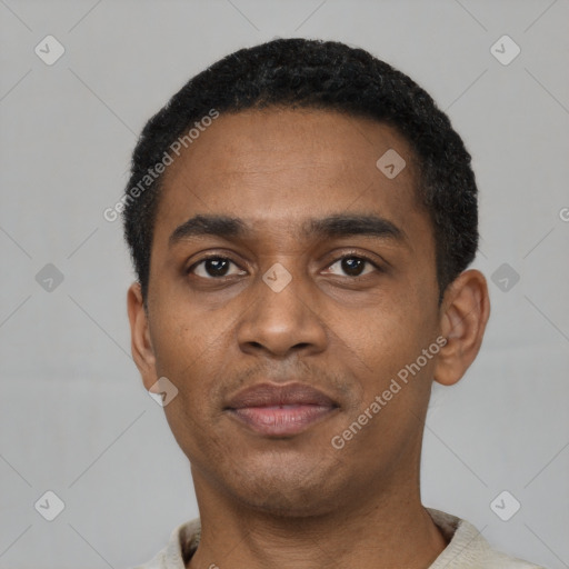 Neutral black young-adult male with short  black hair and brown eyes