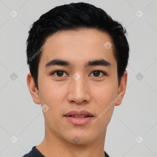 Neutral asian young-adult male with short  black hair and brown eyes