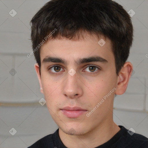 Neutral white young-adult male with short  brown hair and brown eyes