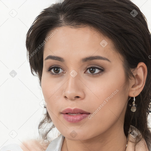 Neutral asian young-adult female with medium  brown hair and brown eyes