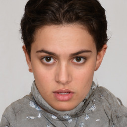 Neutral white young-adult female with short  brown hair and brown eyes