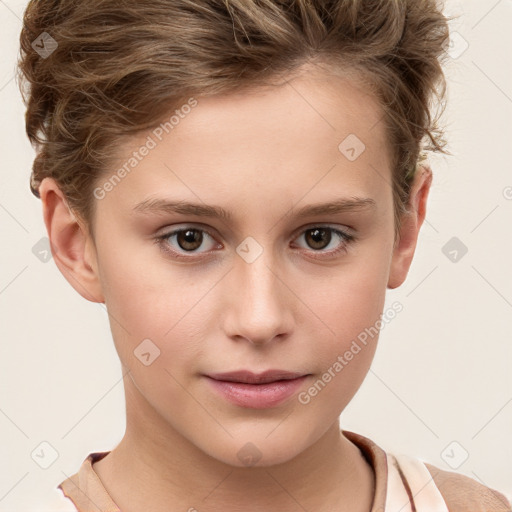 Joyful white child female with short  brown hair and grey eyes