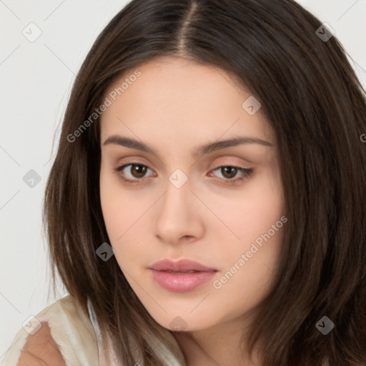 Neutral white young-adult female with long  brown hair and brown eyes