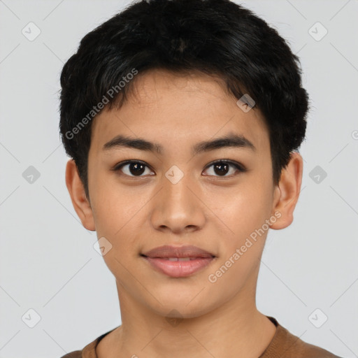 Joyful latino young-adult female with short  black hair and brown eyes