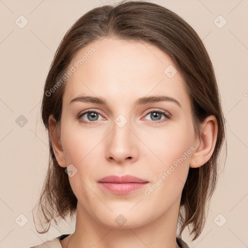 Neutral white young-adult female with long  brown hair and grey eyes