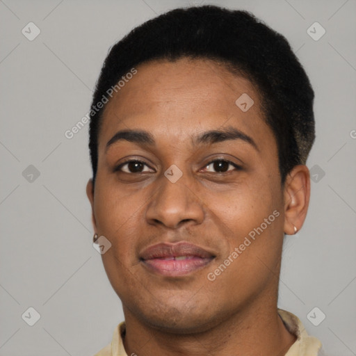 Joyful black young-adult female with short  brown hair and brown eyes