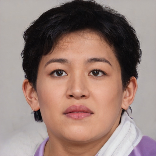 Neutral asian young-adult female with short  brown hair and brown eyes