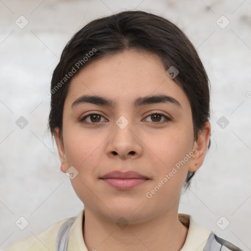 Neutral white young-adult female with medium  brown hair and brown eyes