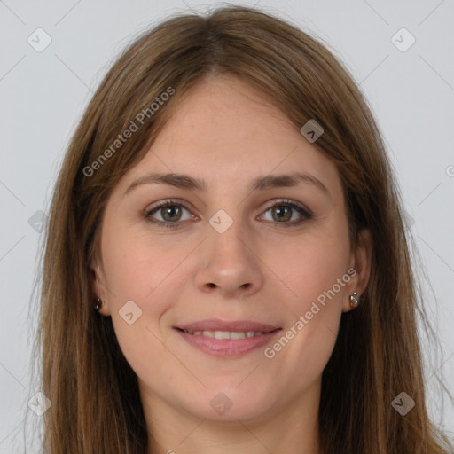 Joyful white young-adult female with long  brown hair and grey eyes