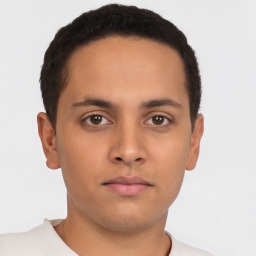 Neutral latino young-adult male with short  brown hair and brown eyes