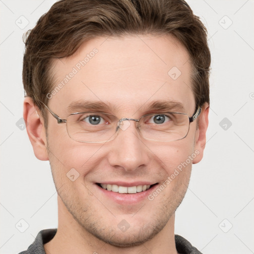 Joyful white adult male with short  brown hair and grey eyes