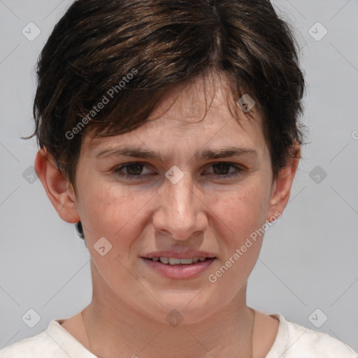 Joyful white adult female with short  brown hair and brown eyes