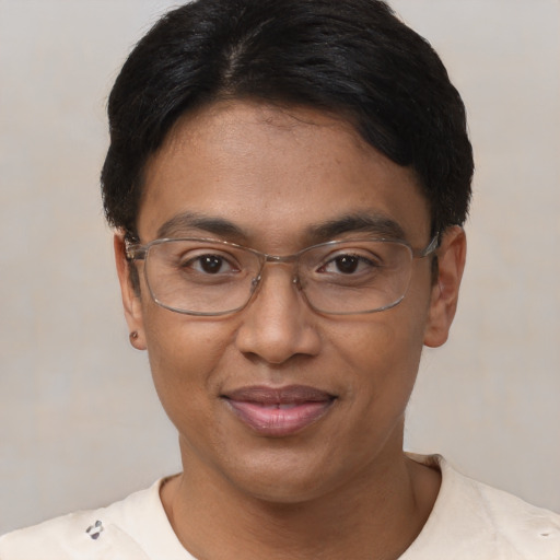 Joyful asian adult female with short  brown hair and brown eyes