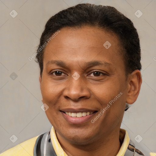 Joyful latino adult female with short  brown hair and brown eyes