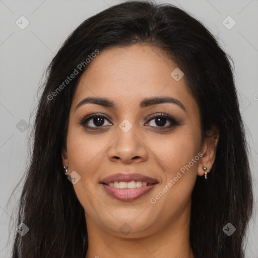 Joyful latino young-adult female with long  brown hair and brown eyes