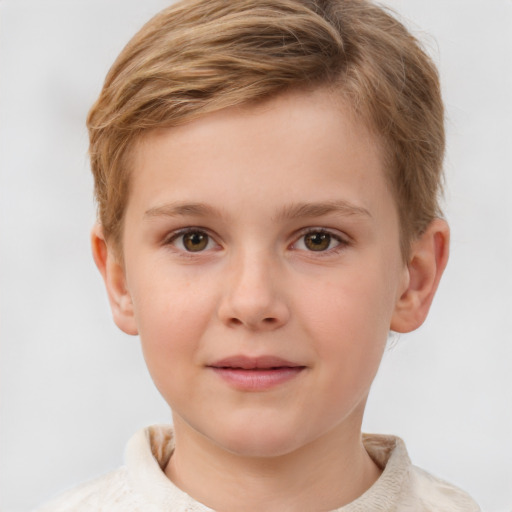 Joyful white child female with short  brown hair and brown eyes