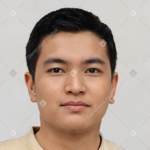 Neutral asian young-adult male with short  black hair and brown eyes