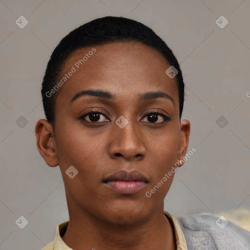 Neutral black young-adult female with short  brown hair and brown eyes