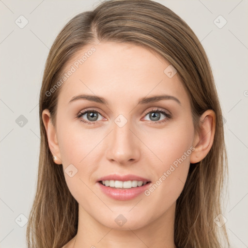 Joyful white young-adult female with long  brown hair and grey eyes