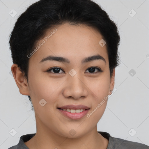 Joyful asian young-adult female with short  brown hair and brown eyes