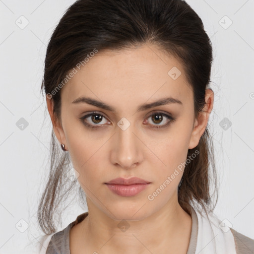 Neutral white young-adult female with medium  brown hair and brown eyes