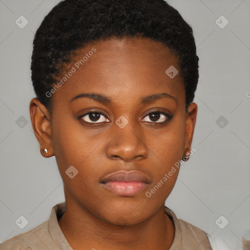 Neutral black young-adult female with short  brown hair and brown eyes