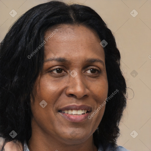 Joyful asian adult female with medium  brown hair and brown eyes