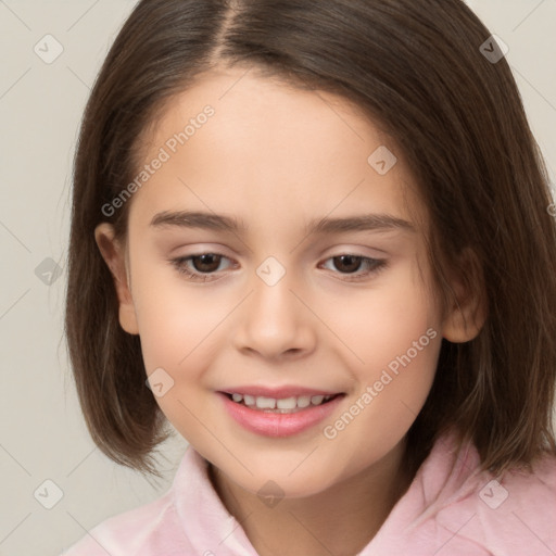 Joyful white child female with medium  brown hair and brown eyes