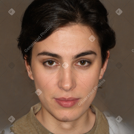 Neutral white young-adult female with medium  brown hair and brown eyes