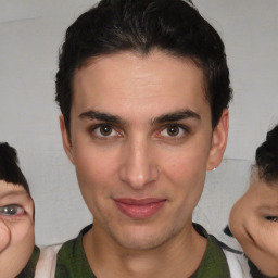 Joyful white young-adult male with medium  brown hair and brown eyes