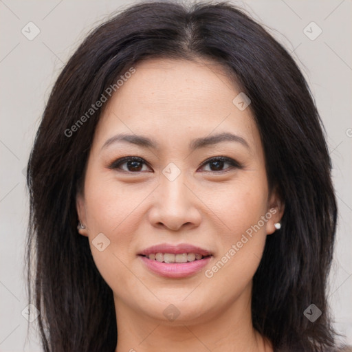 Joyful asian young-adult female with medium  brown hair and brown eyes