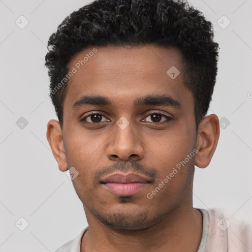 Neutral black young-adult male with short  black hair and brown eyes
