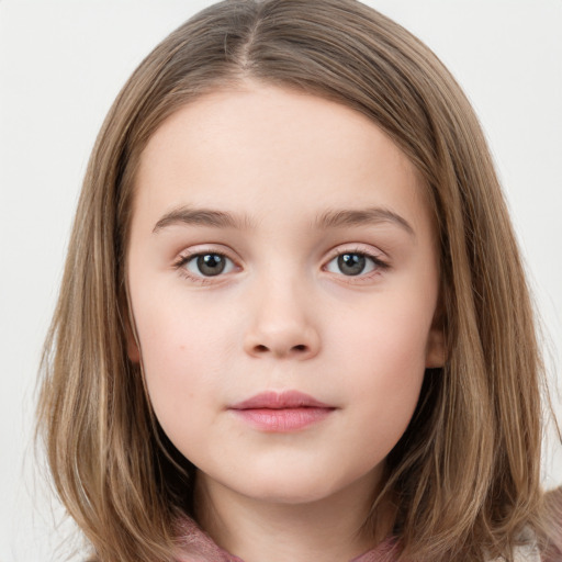 Neutral white child female with medium  brown hair and grey eyes