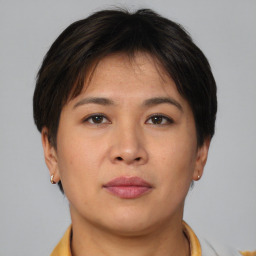 Neutral asian young-adult female with short  brown hair and brown eyes