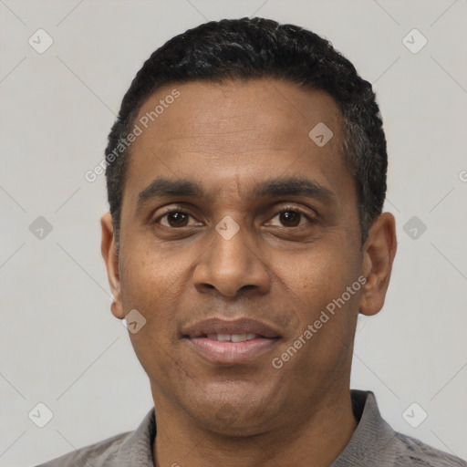 Neutral latino adult male with short  black hair and brown eyes