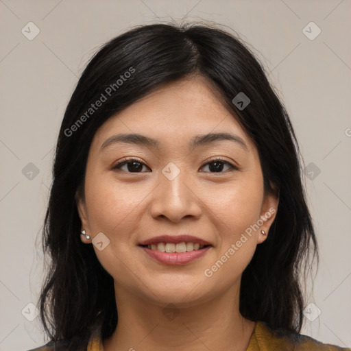 Joyful asian young-adult female with medium  black hair and brown eyes